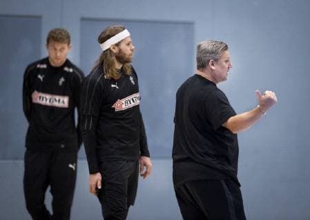 Landstraener Nikolaj Jacobsen Mikkel Hansen and Magnus Landin during the training in Broendby Tuesday, January 8, 2019 Copenhagen Denmark, detectedSourceLanguage  Copyright: Scanpix LiselottexSabroex COP102 spdk20190108-124728-L