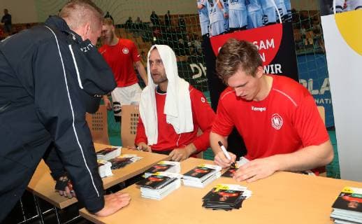 Silvio Heinevetter and Franz Semper at the autograph session after the open training of the German national team before the mens handball world championship 2019 on 08 01 2019 in the gym of the sports forum in Berlin Handball world championship 2019 Preparation open training of the national team