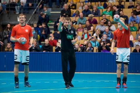 Handball Berlin 08 01 2019 World Championship 2019 Training at Sportforum Hohenschönhausen Christian Prokop Germany Coach Fabian Böhm Germany No 38 Bohm Boehm li Matthias Musche Germany No 37