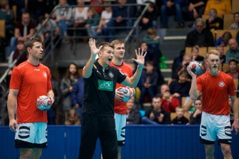 Handball Berlin 08 01 2019 World Championship 2019 Training at Sportforum Hohenschönhausen Christian Prokop Germany Coach Martin Strobel Germany No 19 li Fabian Böhm Germany No 38 Bohm Boehm Matthias Musche Germany No 37 re