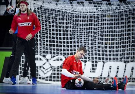 Rasmus Lauge and Mikkel Hansen during the training at Royal Arena on Wednesday 9 January 2019 Copenhagen Denmark, detectedSourceLanguage  Copyright: Scanpix LiselottexSabroex cop101 spdk20190109-132833-L