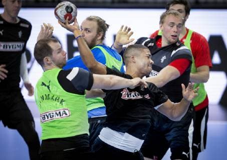 Mads Mensah Simon Hald Rene Toft Hansen and Henrik Moellgaard during the training at Royal Arena Wednesday, January 9, 2019 Copenhagen Denmark, detectedSourceLanguage  Copyright: Scanpix LiselottexSabroex cop101 spdk20190109-145842-L