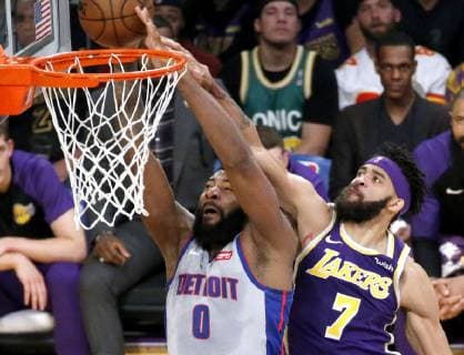 January 9, 2019 - Los Angeles, California, U.S - Detroit Pistons Andre Drummond (0) dunks while defined by Los Angeles Lakers JaVale McGee (7) during an NBA Basketball Herren USA basketball game between Los Angeles Lakers and Detroit Pistons Wednesday, Jan. 9, 2019, in Los Angeles. NBA 2018: Los Angeles Lakers 113 : Detroit Pistons 100 - ZUMAc68_ 20190109_zaf_c68_026 Copyright: xRingoxChiux