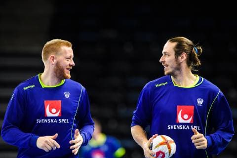190110 Jim Gottfridsson and Kim Ekdahl du Rietz of Sweden during a press meeting and practice during the IHF World Handball Championship on January 10 2019 in Copenhagen Photo Ludvig Thunman BILDBYR u0081N kod LT 35572, detectedSourceLanguage  Copyright: LUDVIGxTHUNMAN BB190110LT008