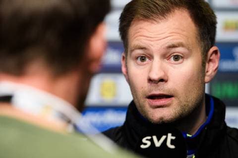 190110 Kristjan Andresson head coach of Sweden is interviewed by media during a press meeting and practice during the IHF World Handball Championship on January 10 2019 in Copenhagen Photo Ludvig Thunman BILDBYR u0081N kod LT 35572, detectedSourceLanguage  Copyright: LUDVIGxTHUNMAN BB190110LT015