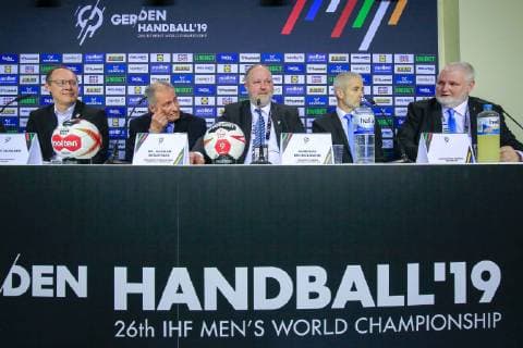 Germany Berlin Mercedes Benz Arena IHF Mens Handball World Championship Germany GER Korea KOR Opening Press Conference from left Mark Schober DHB Chairman Hassan Moustafa IHF President DHB President Andreas Michelmann Ramon Gallego IHF Coordinator Per Bertelsen Danish Handball Federation