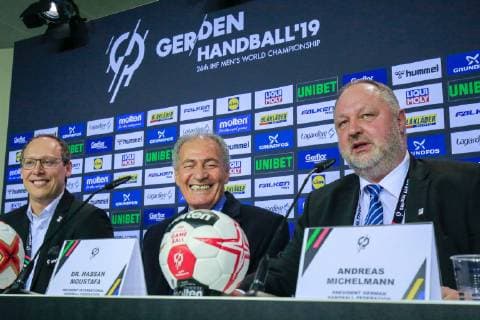 Germany Berlin Mercedes Benz Arena IHF Mens Handball World Championship Germany GER Korea KOR Opening Press Conference from left Mark Schober DHB Chairman of the Board Hassan Moustafa IHF President DHB President Andreas Michelmann