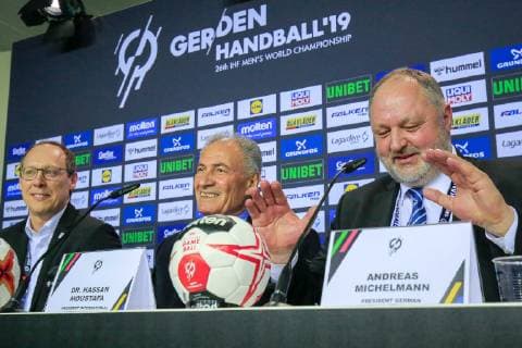 Germany Berlin Mercedes Benz Arena IHF Mens Handball World Championship Germany GER Korea KOR Opening Press Conference from left Mark Schober DHB Chairman of the Board Hassan Moustafa IHF President DHB President Andreas Michelmann