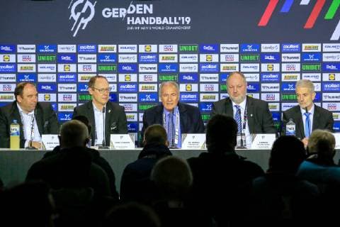 Germany Berlin Mercedes Benz Arena IHF Mens Handball World Championship Germany GER Korea KOR Opening Press Conference from left Björn Pazen Moderator Mark Schober DHB Chairman of the Board Hassan Moustafa IHF President DHB President Andreas Michelmann Ramon Gallego Coordinator of the IHF