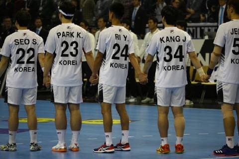 Handball Men World Championship 2019 in Germany and Denmark Opening match Germany Korea Seo Seung Hyun Nr 22 Korea Park Hwang Soon Nr 23 Korea Ri Yong Myong Nr 24 Korea Kang Jean Gu Nr 34 Korea 10 01 19 Copyright: xMichaelxHundtx xMatthiasxKochx
