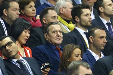 Handball Men World Championship 2019 in Germany and Denmark Opening match Germany Korea former Chancellor Gerhard Schröder mi with his Korean wife Kim So yeon li Füchse Manager Bob Hanning re 10 01 19 Copyright: xMichaelxHundtx xMatthiasxKochx