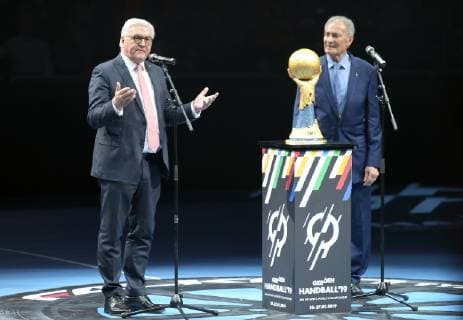 German President Frank Walter Steinmeier and Hassan Moustafa President of the International Handball Federation IHF at the opening ceremony before the first World Cup match Korea vs. Germany Mens Handball World Cup 2019 on 10 01 2019 in the Mercedes Benz Arena in Berlin Handball World Cup 2019 Group A Korea vs. Germany