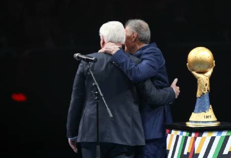 German President Frank Walter Steinmeier and Hassan Moustafa President of the International Handball Federation IHF at the opening ceremony before the first World Cup match Korea vs. Germany Mens Handball World Cup 2019 on 10 01 2019 in the Mercedes Benz Arena in Berlin Handball World Cup 2019 Group A Korea vs. Germany