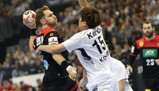 Steffen Weinhold Germany vs. KIM Dongmyung Korea at the opening match Korea vs. Germany of the Mens Handball World Championship 2019 on 10 01 2019 in the Mercedes Benz Arena in Berlin Handball World Championship 2019 Group A Korea vs. Germany