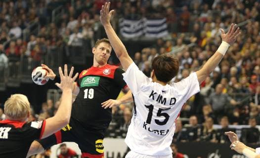 Martin Strobel Germany vs. KIM Dongmyung Korea at the opening match Korea vs. Germany of the Mens Handball World Championship 2019 on 10 01 2019 in the Mercedes Benz Arena in Berlin Handball World Championship 2019 Group A Korea vs Germany