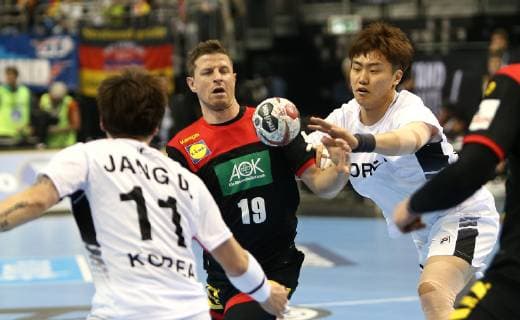 Martin Strobel Germany vs. JEONG Jaewan Korea at the opening match Korea vs. Germany of the Mens Handball World Championship 2019 on 10 01 2019 in the Mercedes Benz Arena in Berlin Handball World Championship 2019 Group A Korea vs Germany