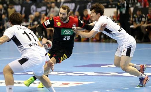 Steffen Faeth Germany vs. JO Taehun Korea at the opening match Korea vs. Germany of the Mens Handball World Championship 2019 on 10 01 2019 in the Mercedes Benz Arena in Berlin Handball World Championship 2019 Group A Korea vs Germany