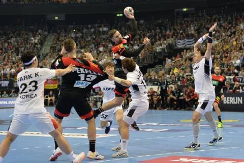 Handball Men World Championship 2019 in Germany and Denmark Opening match Germany Korea Park Hwang Soon Nr 23 Korea Hendrik Pekeler Nr 13 Germany Jang Dong Hyun Nr 11 Korea Fabian Wiede Nr 10 Germany 10 01 19 Copyright: xMichaelxHundtx xMatthiasxKochx