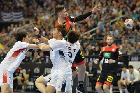 Handball Men World Championship 2019 in Germany and Denmark Opening Match Germany Korea Jeong Jaewan No 52 Korea Fabian Wiede No 10 Germany Jo Tae Hun No 9 Korea 10 01 19 Copyright: xMichaelxHundtx xMatthiasxKochx
