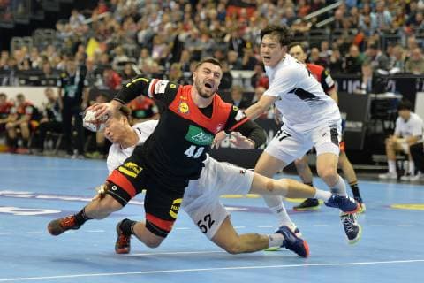 Handball Men World Championship 2019 in Germany and Denmark Opening match Germany Korea Jannik Kohlbacher Nr 48 Germany Jeong Jaewan Nr 52 Korea Na Seungdo Nr 17 Korea 10 01 19 Copyright: xMichaelxHundtx xMatthiasxKochx