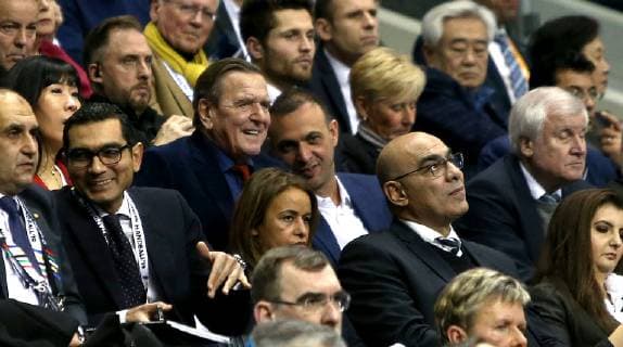Former German Chancellor Gerhard Schroeder and his wife Soyeon Schroeder Kim at the opening match Korea vs. Germany of the mens Handball World Championship 2019 on 10 01 2019 in the Mercedes Benz Arena in Berlin Handball World Championship 2019 Group A Korea vs Germany