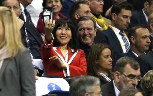 Selfie by former German Chancellor Gerhard Schroeder and his wife Soyeon Schroeder Kim at the opening match Korea vs. Germany of the mens Handball World Championship 2019 on 10 01 2019 in the Mercedes Benz Arena in Berlin Handball World Championship 2019 Group A Korea vs. Germany