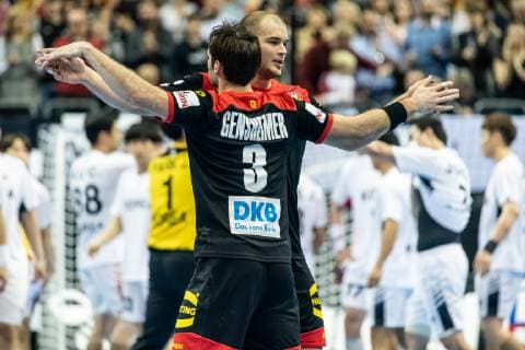 Germany vs Korea Handball World Championship 2019 10 01 2019 Paul Drux GER 95 and Uwe Gensheimer GER 3 after the match at the match between Germany and Korea at the Handball World Championship in Berlin on 10 01 2019 Berlin BER Germany Mercedes Benz Arena