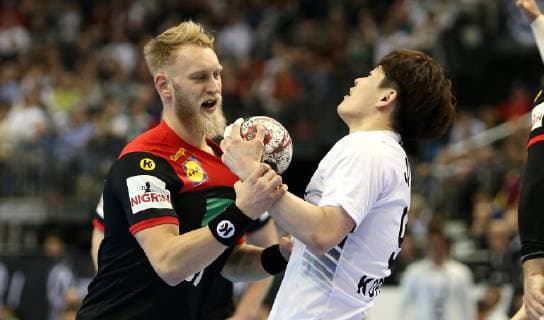 Matthias Musche Germany vs. JO Taehun Korea at the opening match Korea vs. Germany of the Mens Handball World Championship 2019 on 10 01 2019 in the Mercedes Benz Arena in Berlin Handball World Championship 2019 Group A Korea vs Germany