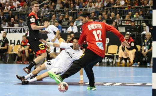 Silvio Heinevetter Germany falsifies KU Changeun Koreas ball at the opening match Korea vs. Germany of the mens Handball World Championship 2019 on 10 01 2019 in the Mercedes Benz Arena in Berlin Handball World Championship 2019 Group A Korea vs Germany