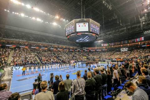Germany Berlin Mercedes Benz Arena IHF Mens Handball World Championship Germany GER Korea KOR the two teams National Anthem