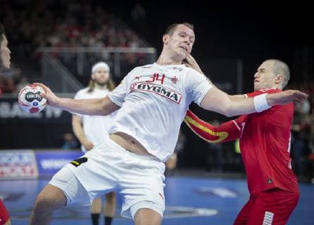 Simon Hald of Denmark and Diego Reyes of Chile during the men s IHF Handball World Championship match in Group C between Denmark Chile in Copenhagen Denmark on Thursday Jan 10 2019 Copenhagen Denmark, detectedSourceLanguage  Copyright: Scanpix LiselottexSabroex COP101 spdk20190110-210201-L