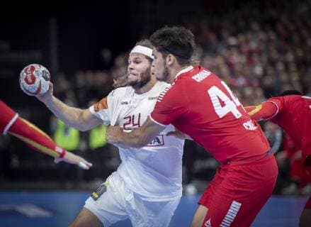 Mikkel Hansen of Denmark and Aaron Codina of Chile during the men s IHF Handball World Championship match in Group C between Denmark Chile in Copenhagen Denmark on Thursday Jan 10 2019 Copenhagen Denmark, detectedSourceLanguage  Copyright: Scanpix LiselottexSabroex COP101 spdk20190110-210835-L