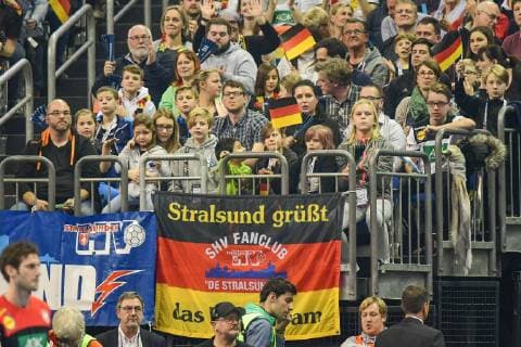 Germany Berlin Mercedes Benz Arena IHF Mens Handball World Championship Germany GER Korea KOR Germany Fans Stralsund greet and wave flags