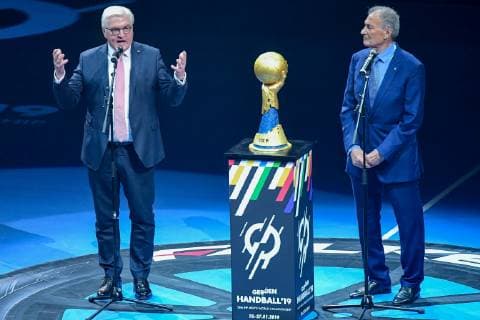 Germany Berlin Mercedes Benz Arena IHF Mens Handball World Championship Germany GER Korea KOR Opening Speech Frank Walter Steinmeier Federal President Hassan Moustafa IHF President