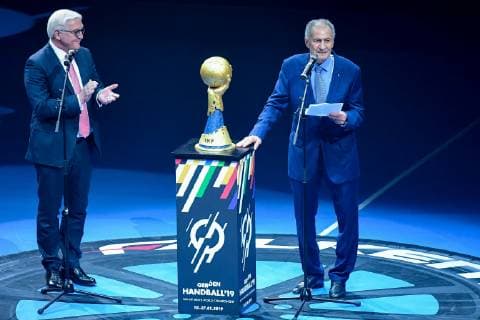 Germany Berlin Mercedes Benz Arena IHF Mens Handball World Championship Germany GER Korea KOR Opening Speech Frank Walter Steinmeier Federal President Hassan Moustafa IHF President