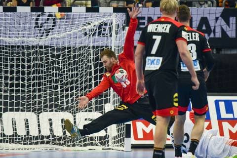 Germany Berlin Mercedes Benz Arena IHF Mens Handball World Championship Germany 33 Andreas Wolff GER Korea 15 Dongmyung Kim KOR