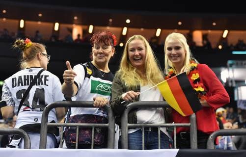 four German fans before the match Korea Germany Korea Germany IHF Handball World Championship 2019 Hanball World Championship 2019 men men men men Handball Germany Germany Germany preliminary round group A group A Berlin 10 1 2019