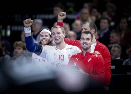 Rene Toft Hansen Mikkel Hansen and Casper U Mortensen during the men s IHF Handball World Championship match in Group C between Denmark Chile in Copenhagen Denmark on Thursday Jan 10 2019 Copenhagen Denmark, detectedSourceLanguage  Copyright: Scanpix LiselottexSabroex COP101 spdk20190110-220420-L
