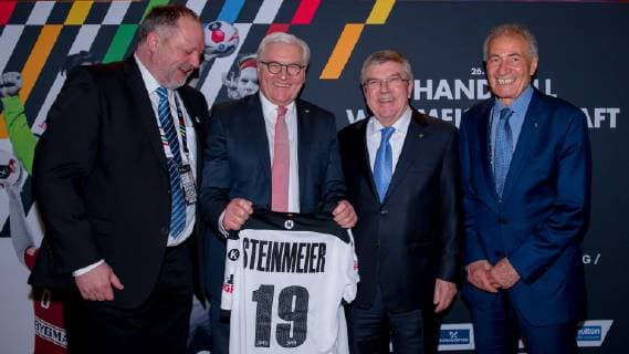 Handball Berlin 10 01 2019 World Championship 2019 Mens World Championship Group A Germany GER Korea KOR From left DHB President Andreas Michelmann Federal President Frank Walter Steinmeier IOC President Dr Thomas Bach and IHF President Dr Hassan Moustafa