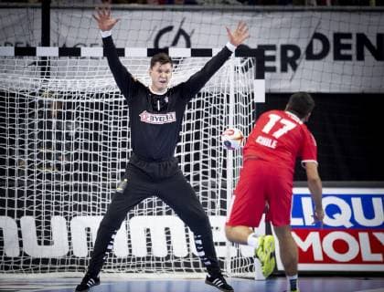 Niklas Landin of Denmark and Esteban Salinas of Chile during the men s IHF Handball World Championship match in Group C between Denmark Chile in Copenhagen Denmark on Thursday Jan 10 2019 Copenhagen Denmark, detectedSourceLanguage  Copyright: Scanpix LiselottexSabroex COP101 spdk20190110-222259-L