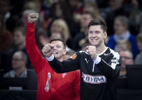 Niklas Landin and Lasse Svan of Denmark during the men s IHF Handball World Championship match in Group C between Denmark Chile in Copenhagen Denmark on Thursday Jan 10 2019 Copenhagen Denmark, detectedSourceLanguage  Copyright: Scanpix LiselottexSabroex COP101 spdk20190110-224120-L