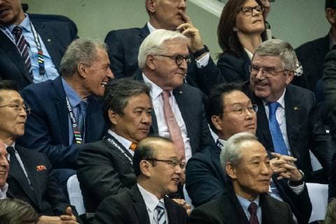 Germany vs Korea Handball World Championship 2019 10 01 2019 vl IHF President Hassan Moustafa Federal President Frank Walter Steinmeier and IOC President Thomas Bach in the stands at the match between Germany and Korea at the Handball World Championship in Berlin on 10 01 2019 Berlin BER Germany Mercedes Benz Arena