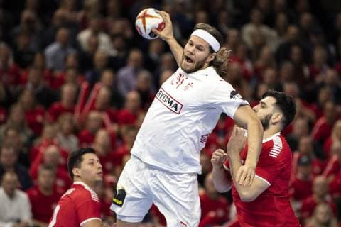 January 10, 2019 - Copenhagen, Denmark - Mikkel Hansen (24), Denmark fighting for the ball against Sebastian Ceballos (2), Chile and Diego Reyes (7), Chile in the group C handball match between Denmark and Chile in Royal Arena in Copenhagen, Denmark during the 2019 IHF Handball World Championship WM Weltmeisterschaft in Germany Denmark. Handball 2019: Denmark 39:16 Chile - ZUMAm173 20190110_zsp_m173_013 Copyright: xLarsxMoellerx