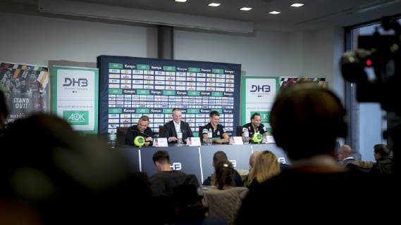 DHB Vice President Bob Hanning Press Officer Tim Oliver Kalle Coach Christian Prokop and Goalkeeper Silvio Heinevetter No 12 Germany Press conference DHB Handball IHF Handball World Championship 11 01 19 Berlin Berlin Germany AOK Bundeszentrale Copyright: xAgentur54Gradx xFelixxKoenigx