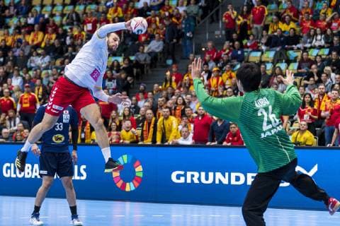 Munich Germany 11 January 2019 World Cup 2019 Men Group B Japan vs Macedonia Dejan Manaskov Macedonia Yuki Kubo Japan Munich Olympic Hall Bayern Germany