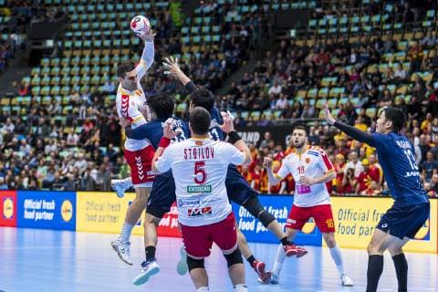 Munich Germany 11 January 2019 World Cup 2019 Men Group B Japan vs Macedonia vs Kiril Lazarov Macedonia Yuto Agarie Japan Remi Anri Doi Japan Stojanche Stoilov Macedonia Kenya Kasahara Japan Munich Olympic Hall Bavaria Germany