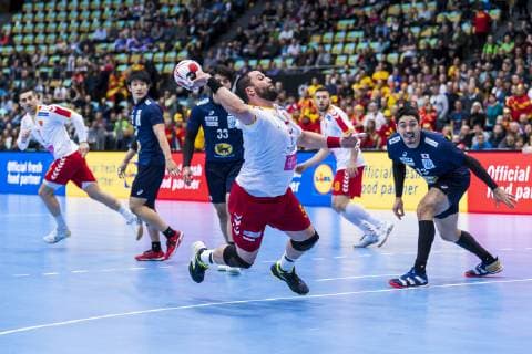 Munich Germany 11 January 2019 World Cup 2019 Men Group B Japan vs Macedonia Stojanche Stoilov Macedonia Kenya Kasahara Japan Munich Olympic Hall Bavaria Germany