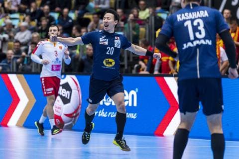 Munich Germany 11 January 2019 World Cup 2019 Men Group B Japan vs Macedonia Jin Watanabe Japan Jubel Joy Emotion Goal Jubilee Goalscorer Goalscorer Goalscorer Munich Olympic Hall Bayern Germany