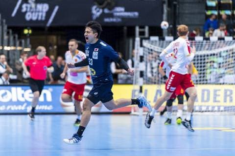 Munich Germany 11 January 2019 World Cup 2019 Men Group B Japan vs. Macedonia Yuto Agarie Japan Jubel Joy Emotion Goal Jubilee Scorers Goal Scorers Goal Scorers Munich Olympic Hall Bayern Germany