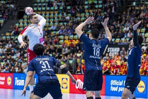 Munich Germany 11 January 2019 World Cup 2019 Men Group B Japan vs Macedonia vs Kiril Lazarov Macedonia Tatsuki Yoshino Japan Kohei Narita Japan Munich Olympic Hall Bayern Germany